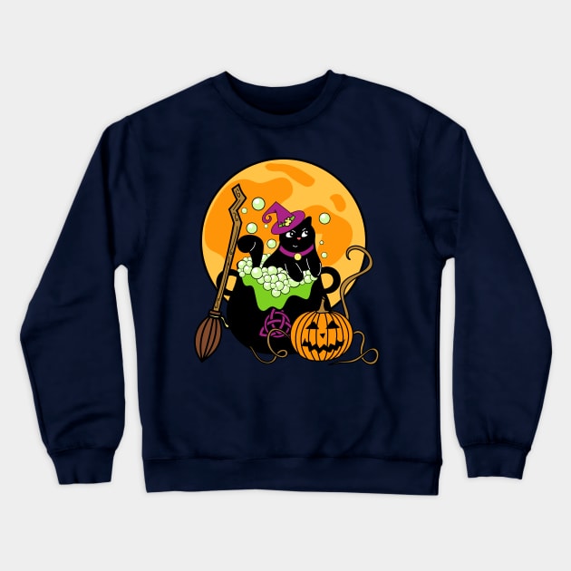 Witch Cat with Broomstick and Cauldron for Halloween Crewneck Sweatshirt by Bitycat